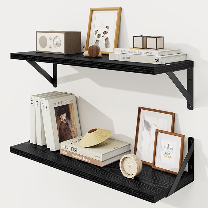 Floating Shelves, 8 Inch Deep Rustic Wood Wall Storage, 24W x 8D Wall Shelves Set of 2, Heavy Duty Metal Brackets, Industrial