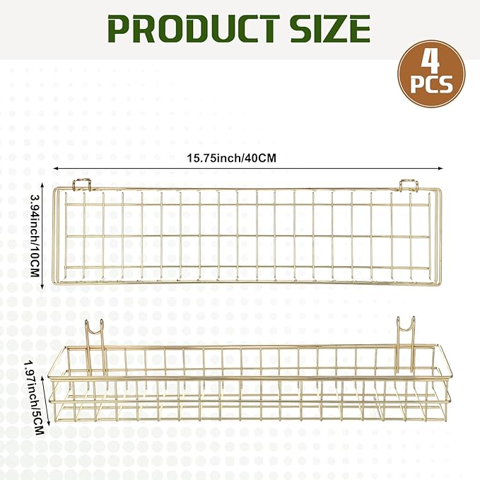 Blulu 4 Pcs Gold Metal Grid Wall Baskets with Hooks Grid Wall Shelves 15.75 x 3.94 x 1.97 Inches Hanging Wire Basket Multi Fu