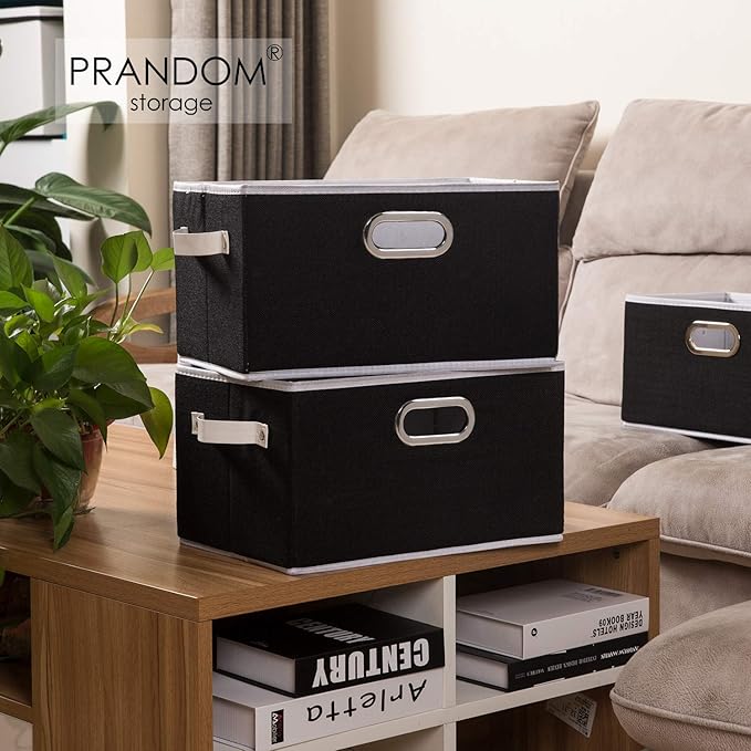 PRANDOM Larger Collapsible Storage Bins for Closet [3-pack] Decorative Linen Fabric Storage Baskets Cubes with Leather/Metal 