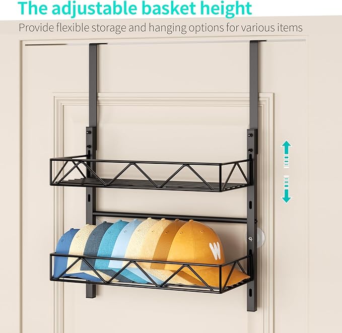HapiRm Hat Organizer for Baseball Caps - 2 Tier Over the Door & Wall Mounted Hat Rack with 2 Adjustable Metal Basket, Storage