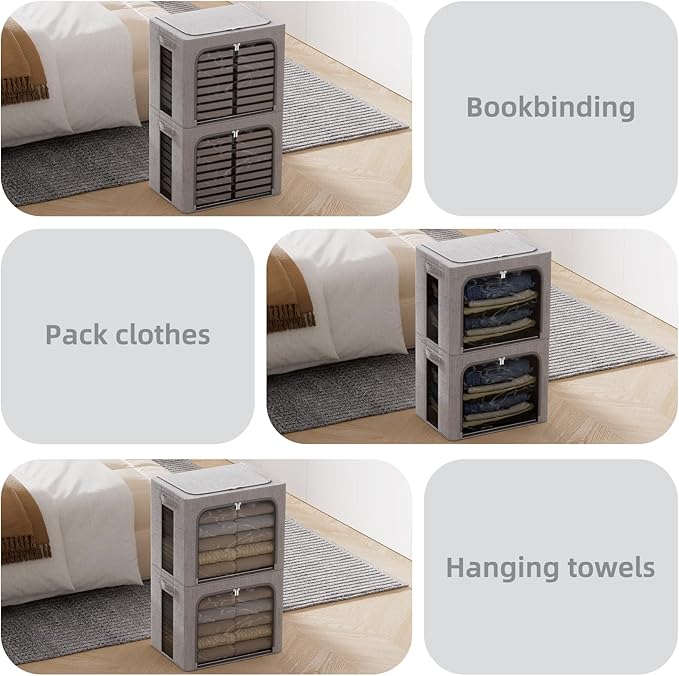 FHSQX 2 Pack Clear Window Storage Bins - Large Stackable Linen Fabric Storage for Clothes Foldable Container Organizer Set wi