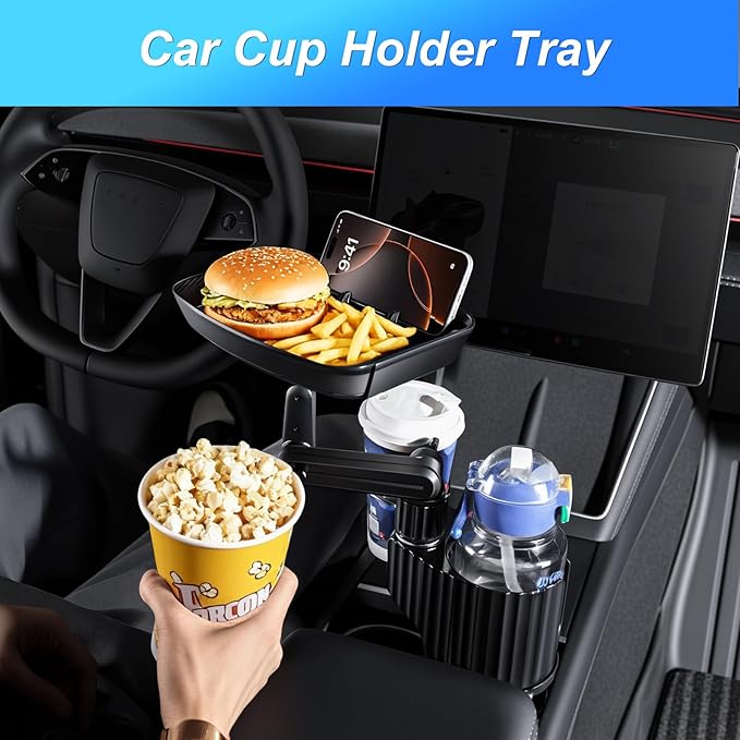 Car Cup Holder Tray Table 10-inch Car Food Tray Portable 4-in-1 Car Cup Holder Extender 360° Rotating with Phone Holder Essen