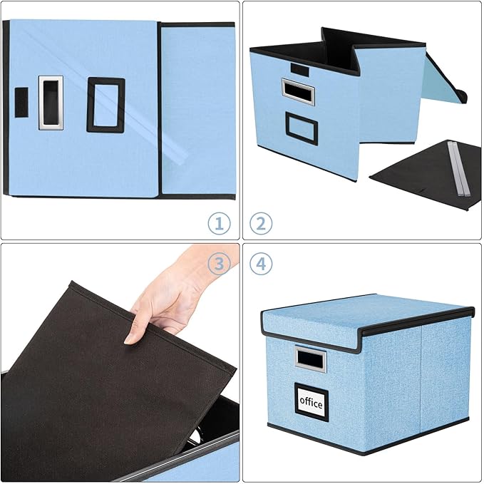 Huolewa File Organizer Box with Lid, Collapsible File Folder Organizer for Office Document Storage, Filing Box with Plastic S