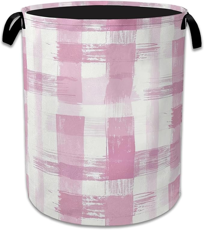 Pink Plaid Laundry Basket Collapsible Laundry Hamper with Handle, Oxford Clothes Toy Storage Bin for Bathroom Bedroom Room De