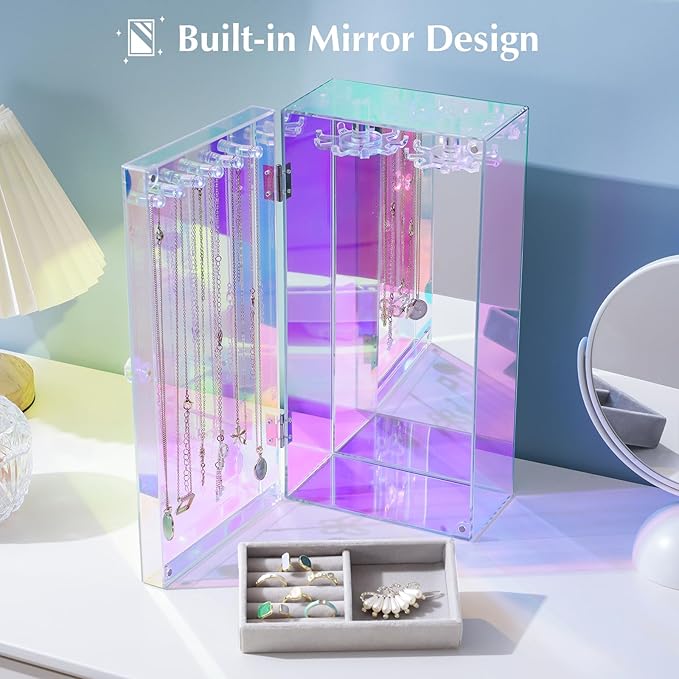 Lolalet Necklace Holder Organizer, Acrylic Jewelry Organizer with 24 Hooks, Rotating Clear Necklaces Display Box with Built-i