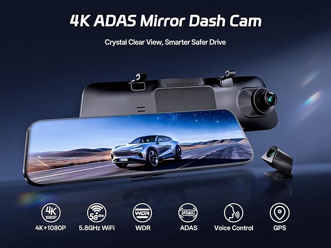 Pelsee P12 Pro 4K Mirror Dash Cam w/ADAS and BSD, 5.8GHz WiFi 20MB/s Download, Rear View Mirror Camera 4K Front and 1080P Rea