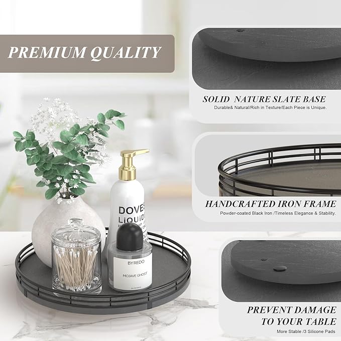 Nature Slate Lazy Susan Turntable for Table Top – 10” Round Slate Tray Organizer for Dining Table, Kitchen Countertop & Bar, 