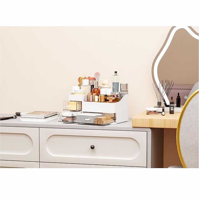 White Makeup Organizer With Drawers,Large Skincare Organizers for Countertop,Desk,Dresser,Plastic Bathroom Counter Organizer 