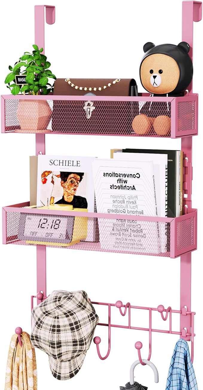 HapiRm Over The Door Hanger with Coat Hooks and 2 Baskets, Rustproof & Waterproof Pink Over The Door Hooks, Storage Organizer