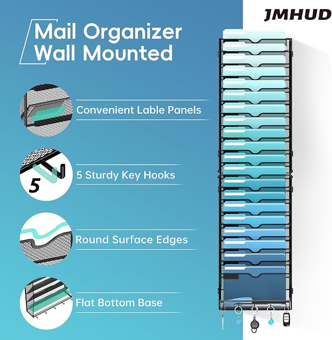 21-Tier Hanging Wall File Organizer with 5 Hooks, Wall File Holder with Labels, Vertical Wall Mount Mail Organizer for Papers