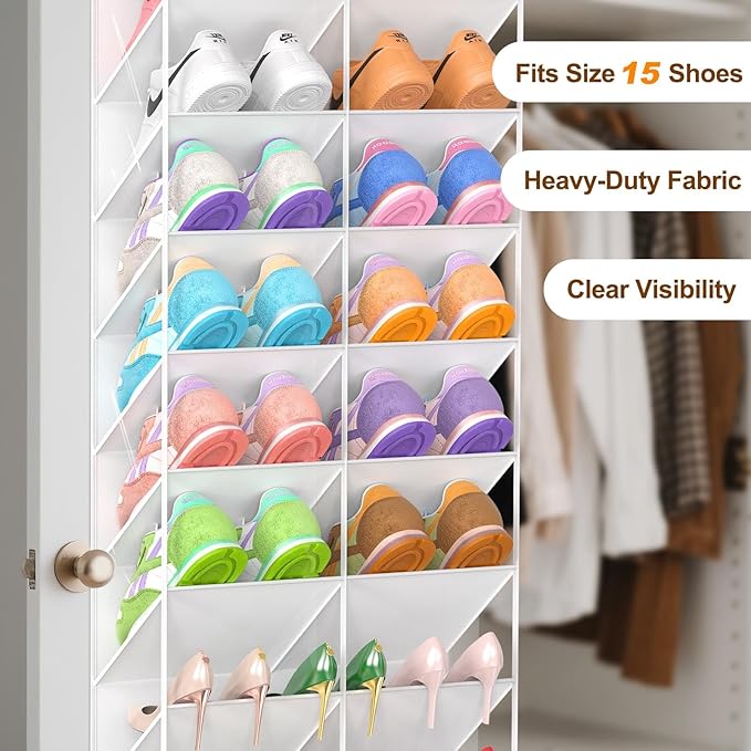 UVIAHOMI 20-30 Pairs Over the Door Shoe Organizer, Clear Pockets Hanging Shoe Storage for Closet, 10-Tier Door Shoes Rack, Ha