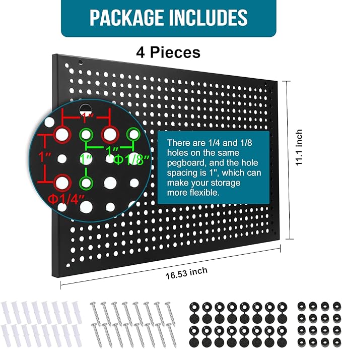 4 Pack Heavy Duty Steel Pegboard Garage Organization Panels,Universal 1/8 and 1/4 Pegboard Accessories,Suitable for Tool Stor