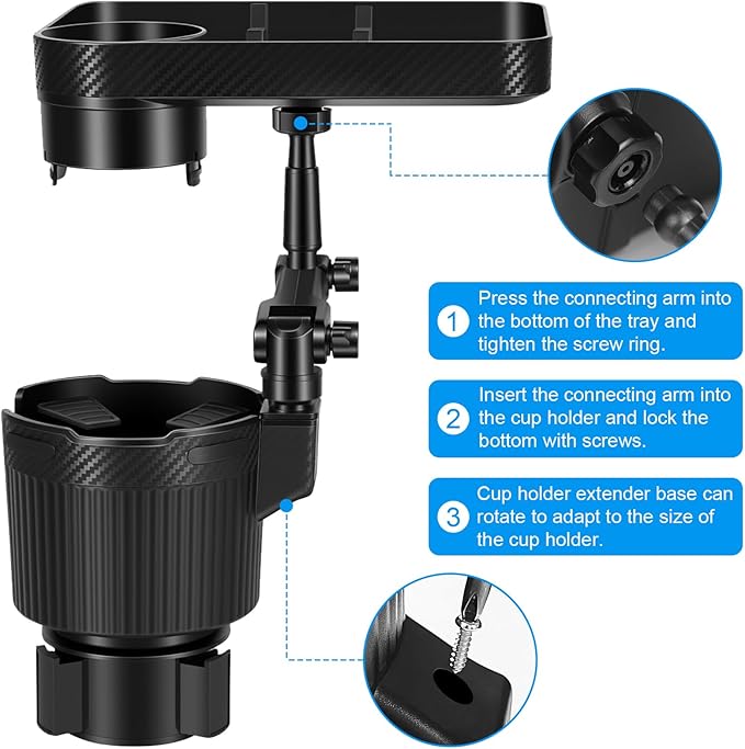 Car Cup Holder Tray, Car Food Tray for Eating with Phone Holder, Large Car Cup Holder Expander with Adjustable Base, Fit in 2