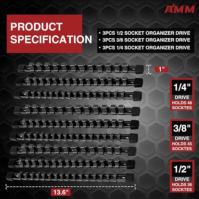 AMM 9-Piece Socket Organizer, 1/2 inch, 3/8 inch and 1/4 inch Drive ABS Tools-Black Socket Holder,Heavy Duty Socket Racks, Pr