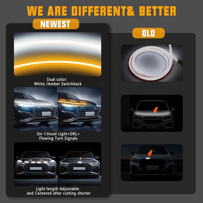 Flexible Car Hood Light Strip, 70 Inches Dynamic LED Daytime Running Lights, White and Amber Switchback Sequential Turn Signal Lights for Car, Truck, SUV
