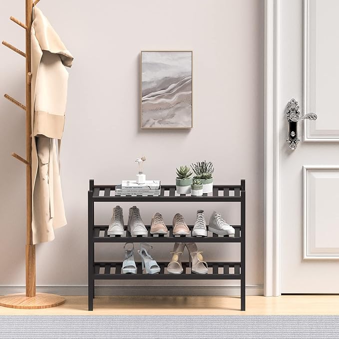 ROMGUAR CRAFT 3 Tier (Thick) Bamboo Shoe Rack for Entryway, Small Wood Shoe Shelf Storage Organizer for Closet, Shoe Stand fo