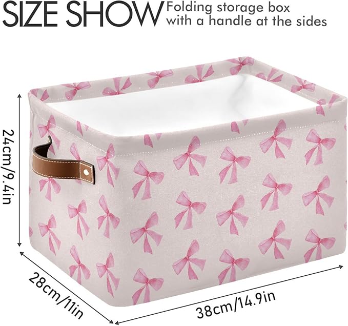 xigua Bow Storage Basket Collapsible Toy Storage Bins Waterproof Canvas Storage Basket with Leather Handles for Home Closets 
