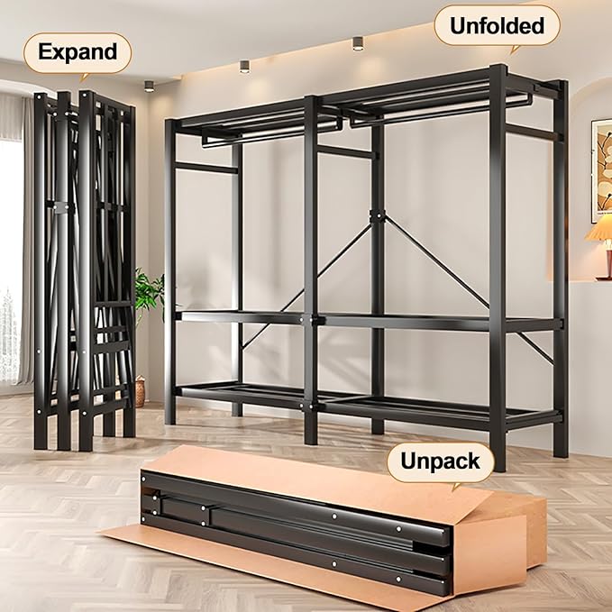 Foldable Portable Wardrobe Closet with Cover, Metal Clothes Rack, One-Piece Folding Base, Foldable Garment Racks, for Hanging