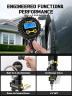 AZUNO Digital Tire Inflator with Pressure Gauge, 200 PSI (0.1 Res) w/LED Flashlight, Heavy Duty Air Compressor Accessories 7pcs Set, w/Lock on Air Dual Head Chuck and 90° Tire Valve