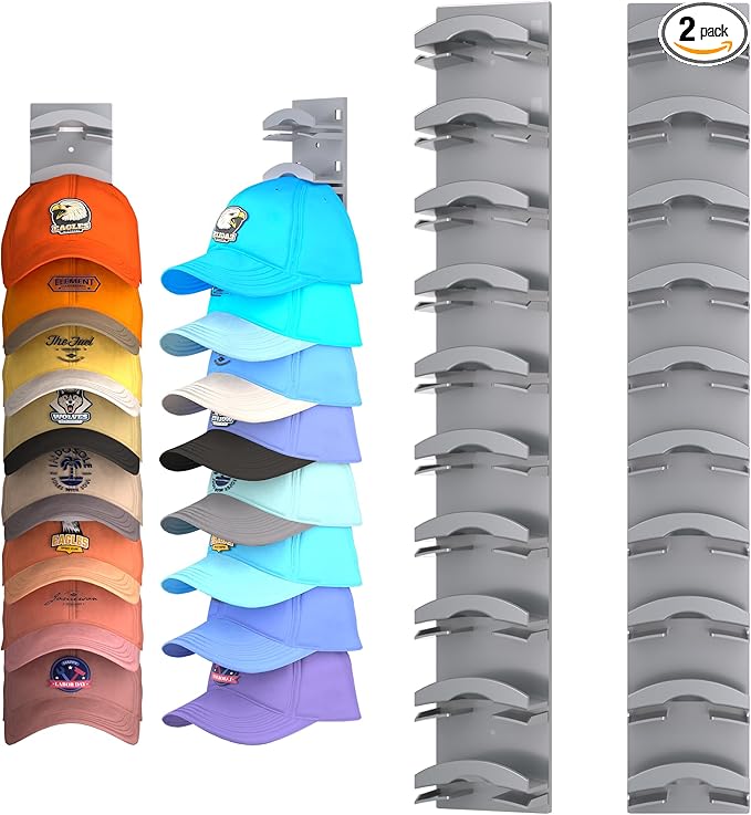 Hat Organizer for Baseball Caps 2Pack, Hat Rack for Wall with Strong Adhesive Hold up to 20 Hats, Hat Hanger Holder Display f