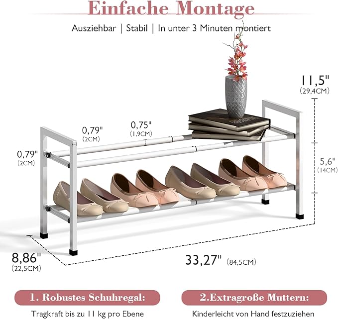 Bumusty 2-Tier Expandable Shoe Rack for Closet, 18“-33” Adjustable Shoe Rack for Small Space, Small Shoe Organizer for Front 