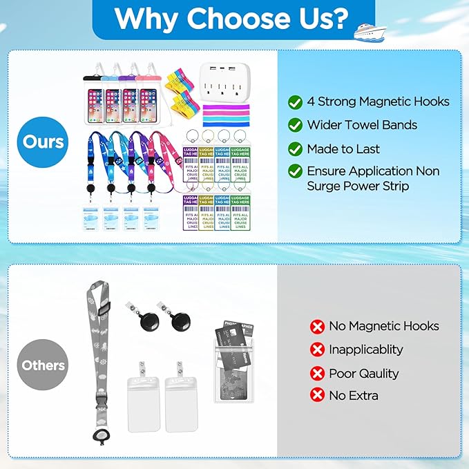 Cruise Essentials Kit Must Haves Set Include Cruise Luggage Tags Holder, Cruise Lanyards, Cruise Power Strip, Towel Bands and