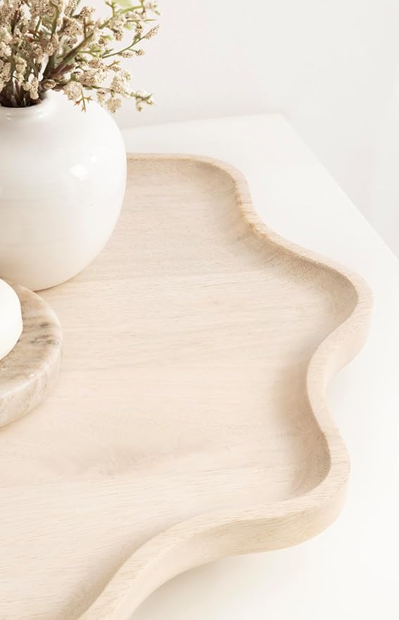 Kate and Laurel Alezar Mango Wood Wavy Round Lazy Susan Tray, 18 Inch Diameter, Light Bleached Wood, Scalloped Wooden Counter
