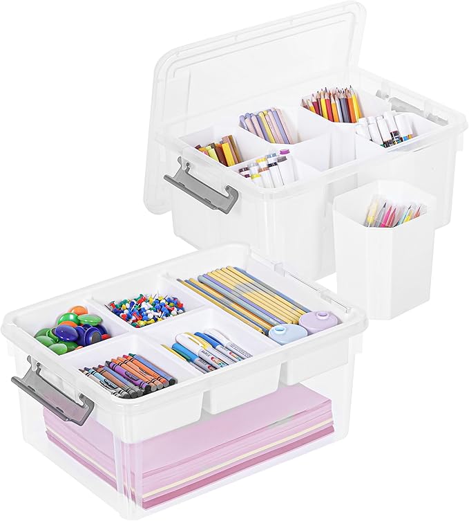 Citylife 17 QT Plastic Storage Box with Removable Tray and 6 Detachable Tall Inserts Craft Organizers and Storage Clear Stora