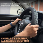 PINCTROT D Shaped Chenille Leather Steering Wheel Cover, Soft Mottled Colors, Sweat-Proof, Non-Slip Grip, All-Season Comfort,
