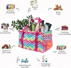 Extra Large Utility Tote Bag - Oversized Collapsible Tote with Wire Frame, Durable Reusable for Beach, Groceries, Laundry, Car Trunk, Storage and Travel - Includes 5x7 Bag with Hook - Chevron Multi