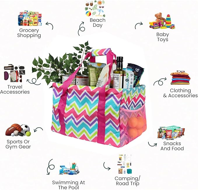 Extra Large Utility Tote Bag - Oversized Collapsible Tote with Wire Frame, Durable Reusable for Beach, Groceries, Laundry, Car Trunk, Storage and Travel - Includes 5x7 Bag with Hook - Chevron Multi