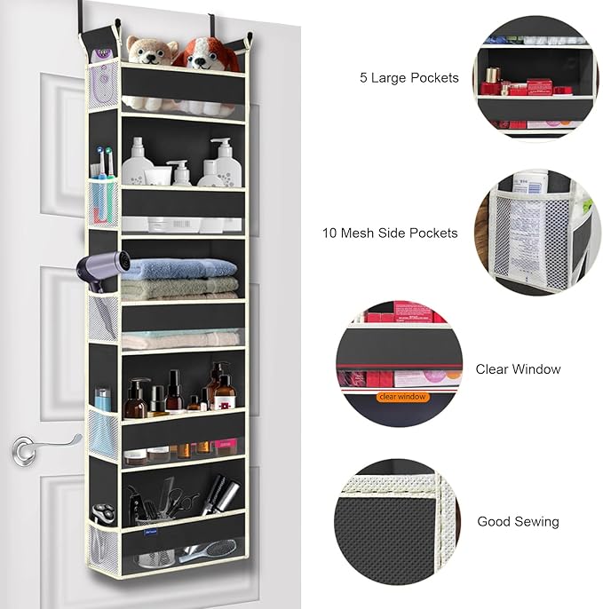 Over The Door Hanging Organizer 5-Shelves and 10 Side Pockets, Over The Door Storage for Bathroom and Bedroom, Back of Door O
