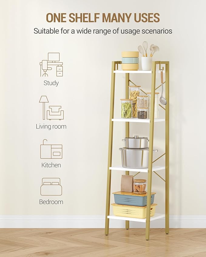 Hzuaneri Ladder Shelf, Bookshelf Bookcase, Freestanding Corner Storage Shelve with 2 Hooks for Home Office, Living Room, Kitc