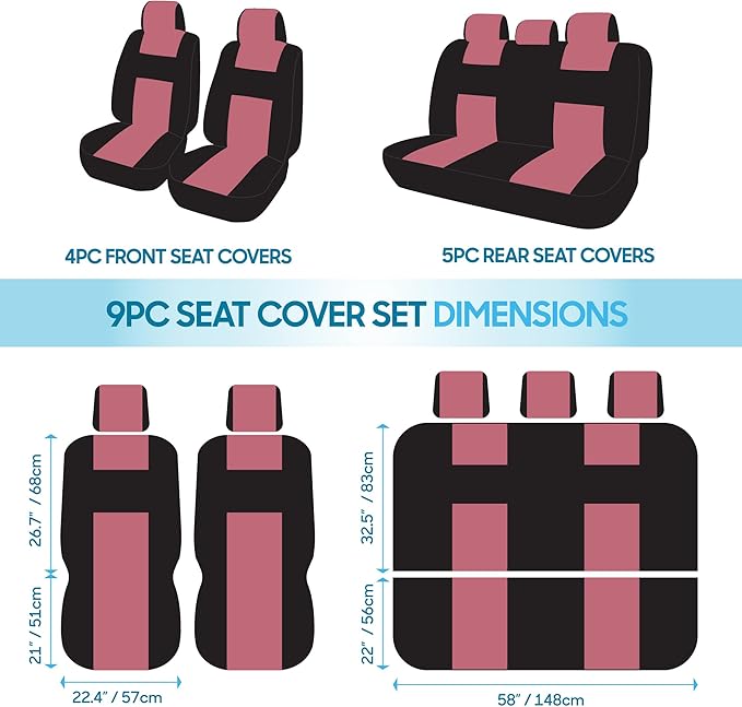 BDK PolyPro Car Seat Covers Full Set in Pink on Black, Front and Rear Split Bench Seat Covers for Cars, Easy to Install Car S