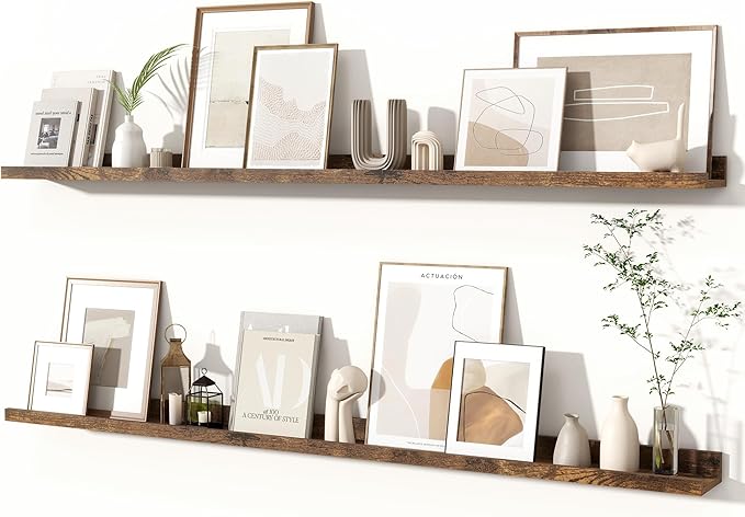 Fun Memories Picture Ledge Shelves Set of 2, 55 Inch Rustic Wall Mounted Floating Shelves with Lip for Home Storage and Décor