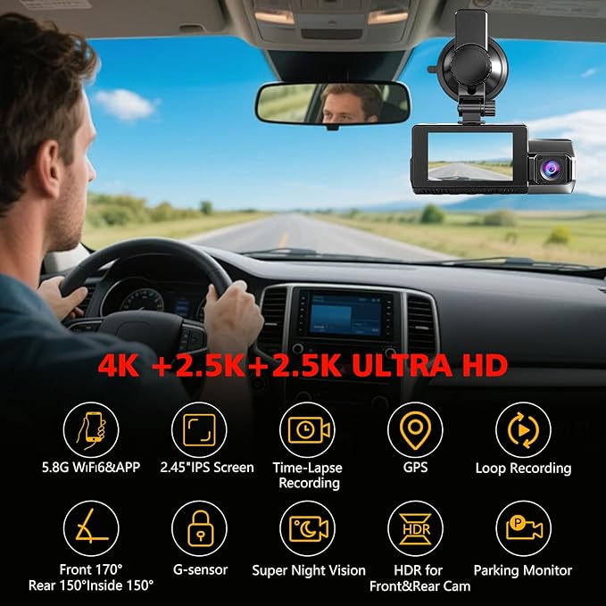 4K+2.5K+2.5K Dash Cam, STARVIS 2 Sensor, Dash Camera 3-Channel, Free 64GB Card, Dashcam with 5G WiFi GPS, G-Sensor,Loop Recor