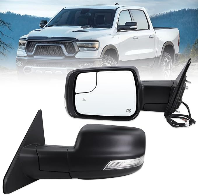 Left Driver Side Mirror Fits 2019-2026 Ram 1500 With Power Folding Heated Turn Signal Puddle Light Blind Spot Temperature Sensor Matte Black Replace#68462771AB(9+6Pins)