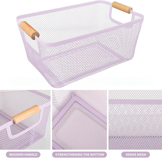 AJIODA Metal Mesh Steel Basket, Medium Wire Storage Organizer Basket Multi-function Hanging Kitchen Basket with Wood Handle f