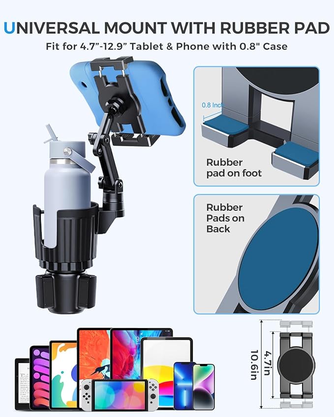Profortop 2-in-1 Cup Holder Tablet Mount Expander, 2-Section Foldable 15" Height Adjustable Arm & 360° Rotation, Universal Fit for iPad, iPhone, All Smartphones and Most Bottles for Car SUV Truck