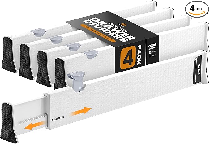 RAPTUROUS Adjustable Drawer Dividers 4 Pack, 2.5" High, 13-22" Long, Dresser Drawer Organizer for Bedroom, Closet, Kitchen, N