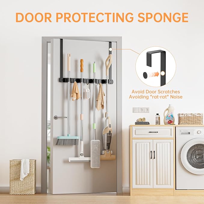 Broom Holder Over The Door - 304 Stainless Steel Mop and Broom Holder Wall Mounted or Hanging Over The Door with Hooks - Broo