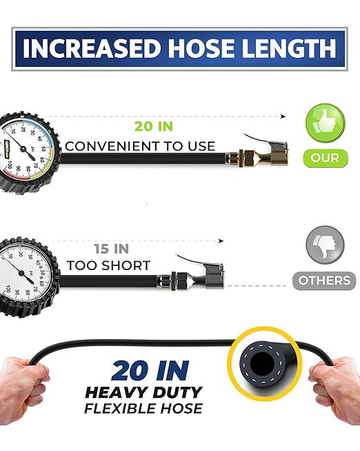 Tire Inflator with Pressure Gauge and Longer Hose - Most Accurate, Heavy Duty Air Chuck with Gauge for Air Compressor Tire Inflator Attachment - 100PSI