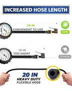 Tire Inflator with Pressure Gauge and Longer Hose - Most Accurate, Heavy Duty Air Chuck with Gauge for Air Compressor Tire Inflator Attachment - 100PSI