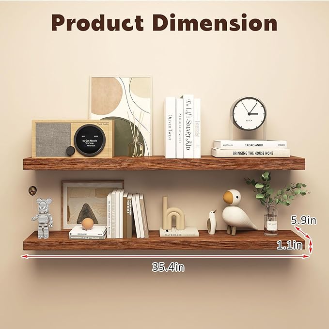 Floating Shelves for Wall, Set of 2 Solid Wood Wall Shelves for Bathroom, Small Hanging Shelf for Books Storage Room Decor (W