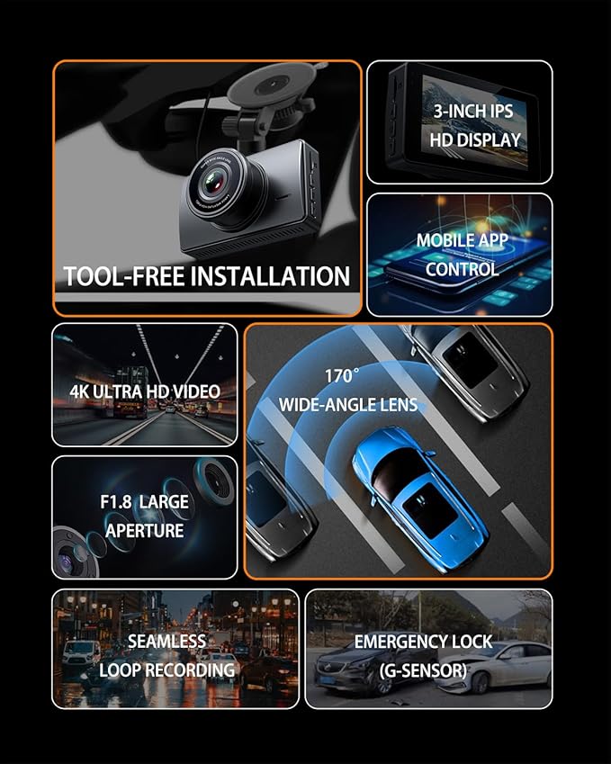 Dash Cam Front and Rear, Dash Camera for Cars 4K+1080, Dashcam Built-in WiFi, APP Control, 32GB Card Included, 3" IPS Touch S