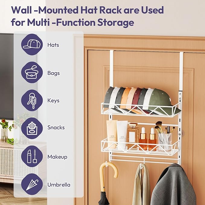 SWTYMIKI Over Door Hat Organizer - 3 Tier Wall Mounted Hat Rack with 2 Adjustable Metal Basket and 3 Hooks, Hanging Baseball 