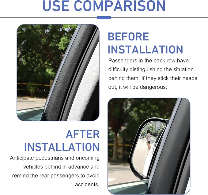 2 PCS Back Passenger Blind Spot Mirrors, 1.8" x 5" Adjustable Wide Angle B-Pillar Blind Spot Mirror, Car Side View Mirror for Get-Off Safety, Universal Accessories for Most Cars (Black)