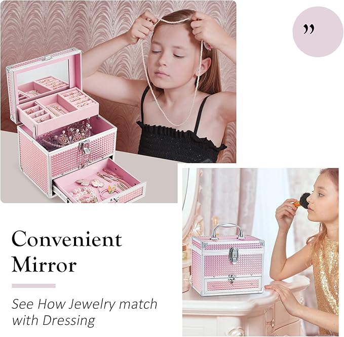 Hododou Girls Jewelry Box Organizer with Drawer & Mirror, Shiny Pink Style Lockable Storage Case for Kid or Little Girls Jewe