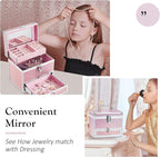 Hododou Girls Jewelry Box Organizer with Drawer & Mirror, Shiny Pink Style Lockable Storage Case for Kid or Little Girls Jewe