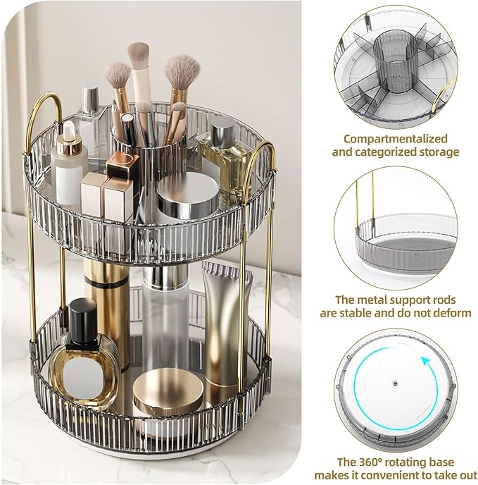 360° Rotating Makeup Organizer, Large-Capacity Skincare Make Up Storage 2 Tier Perfume Organizers Cosmetic Dresser Organizer 